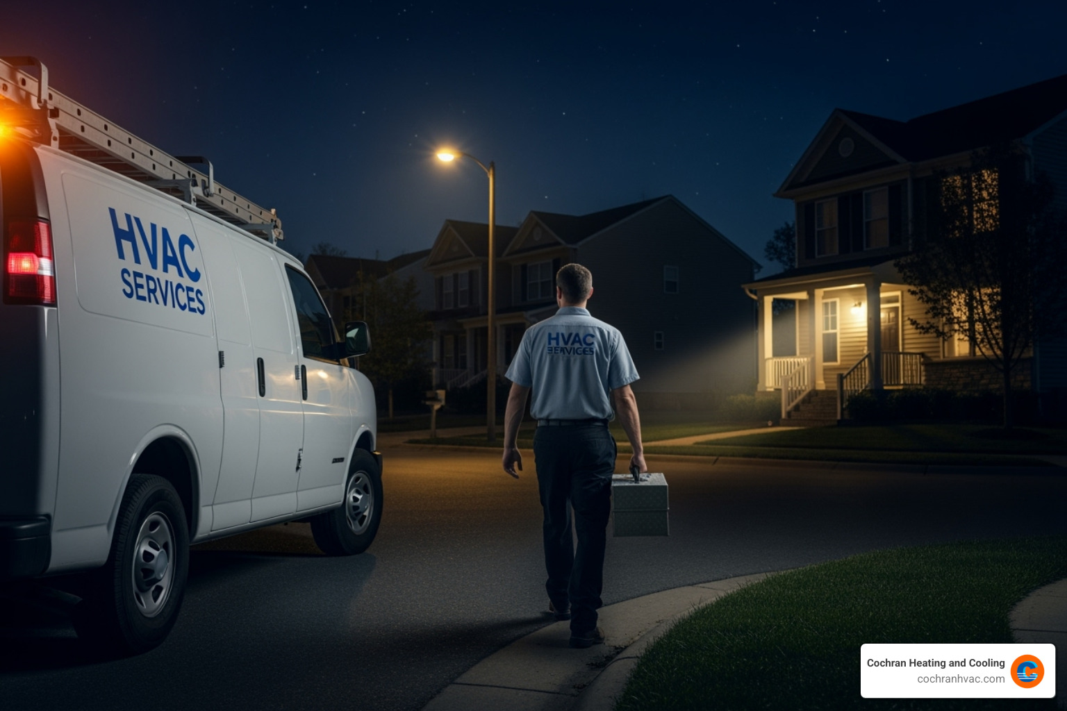 Service van parked in a residential neighborhood at night, with a technician carrying a toolbox towards a house - 24/7 ac repair westmoreland county