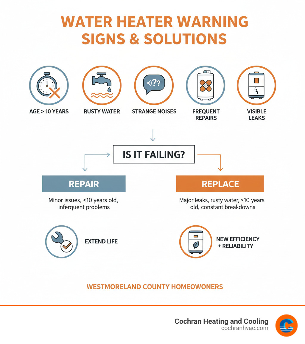 Infographic showing warning signs of water heater failure including age over 10 years, rusty water, strange noises, frequent repairs, and visible leaks, with decision tree for repair vs replacement - best water heater installation westmoreland county infographic 