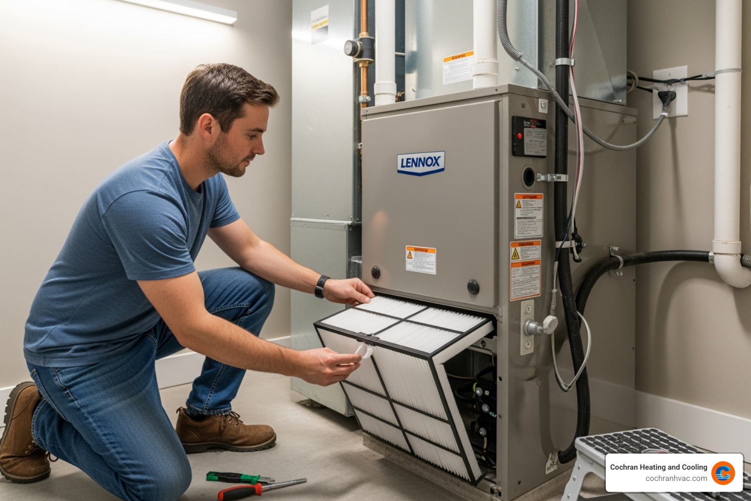 Homeowner carefully changing an HVAC air filter, demonstrating a routine maintenance task - 24/7 ac repair westmoreland county