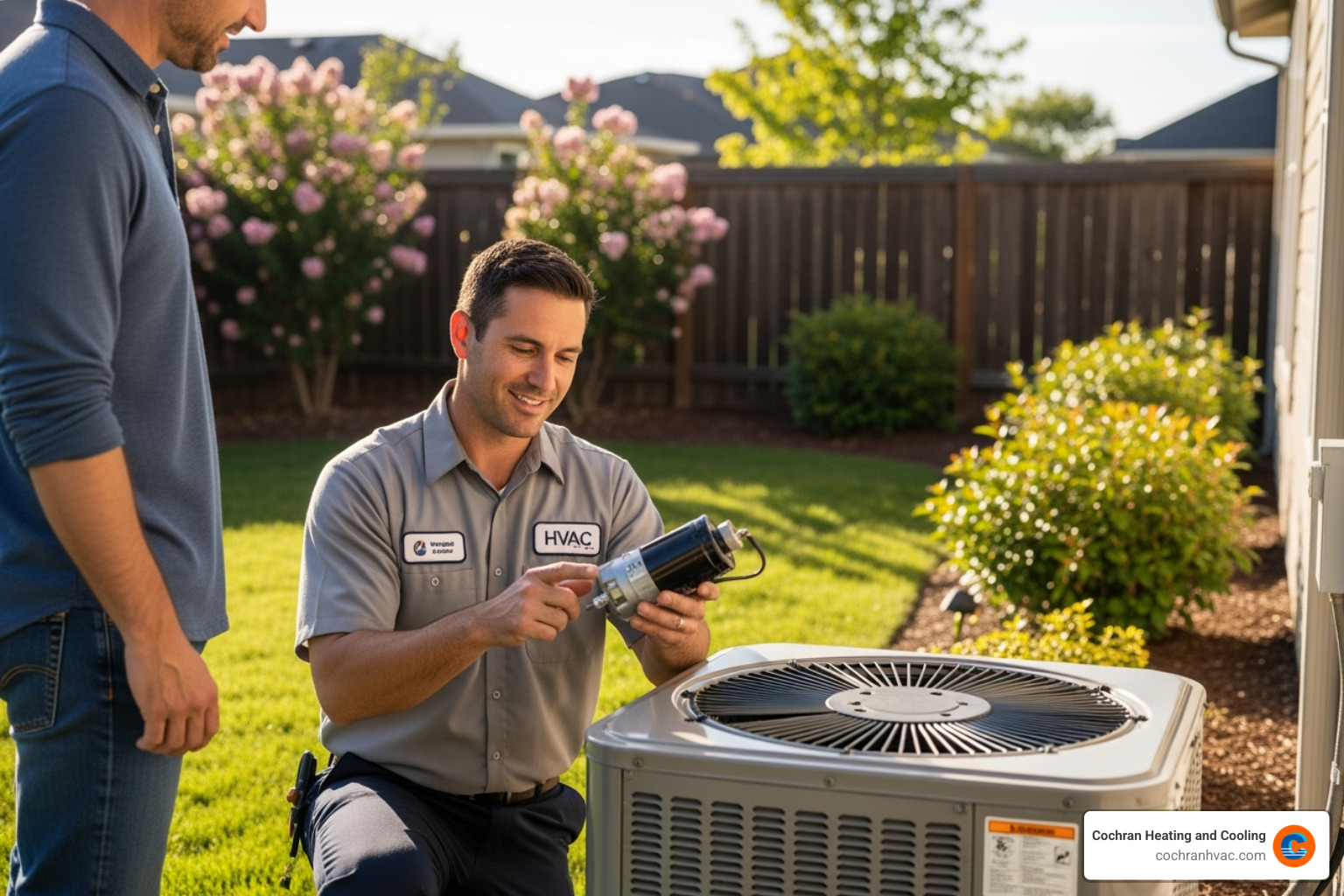 A friendly, certified HVAC technician in uniform showing a homeowner an AC unit part, explaining the issue with a reassuring smile - 24/7 ac repair westmoreland county