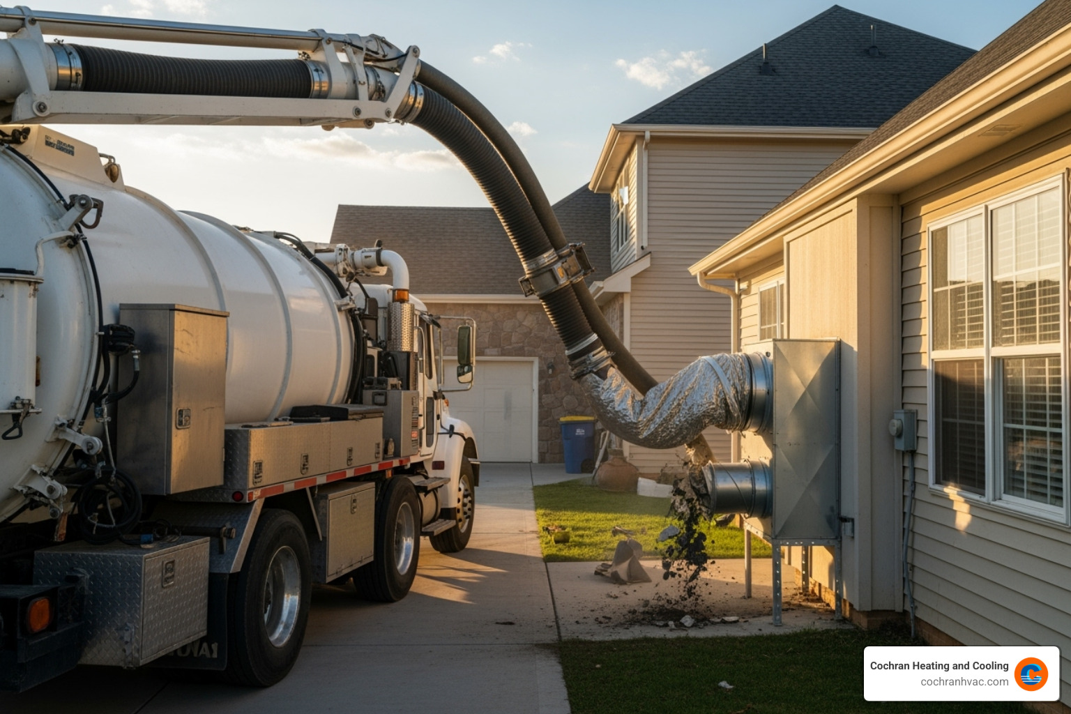 A powerful vacuum truck hose connected to a home's HVAC system - air duct cleaning jeannette pa