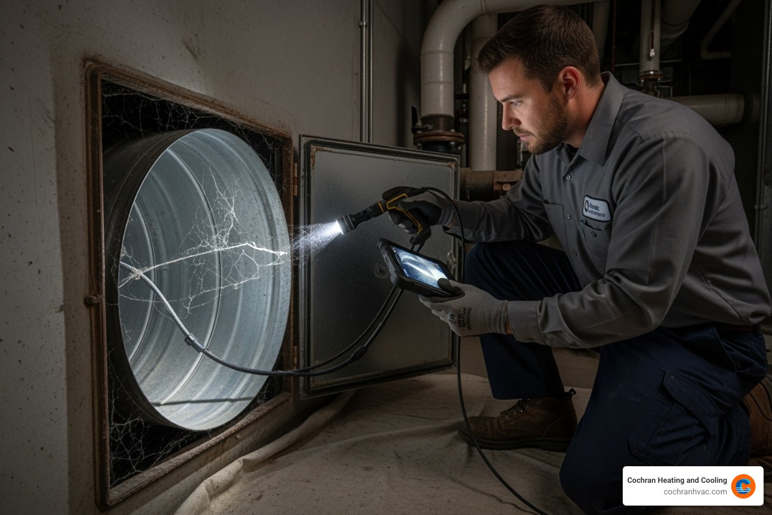 A technician using a high-tech inspection camera inside a duct - air duct cleaning jeannette pa