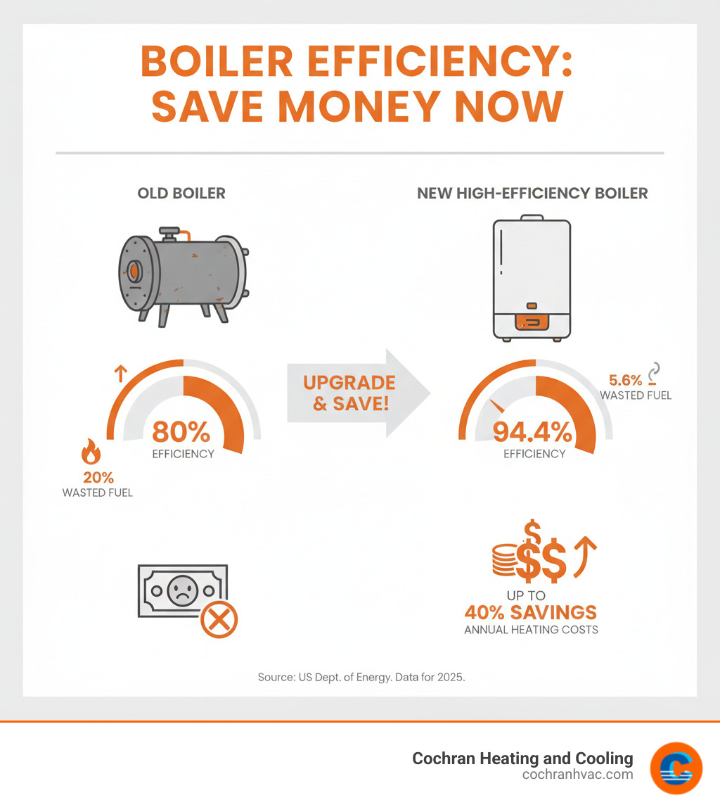 Infographic showing AFUE efficiency comparison between old boilers at 80% efficiency wasting 20% of fuel versus new high-efficiency boilers at 94.4% efficiency wasting only 5.6% of fuel, with dollar signs indicating potential savings of up to 40% on annual heating costs - high-efficiency boiler jeannette pa infographic  Infographic showing AFUE efficiency comparison between old boilers at 80% efficiency wasting 20% of fuel versus new high-efficiency boilers at 94.4% efficiency wasting only 5.6% of fuel, with dollar signs indicating potential savings of up to 40% on annual heating costs - high-efficiency boiler jeannette pa infographic