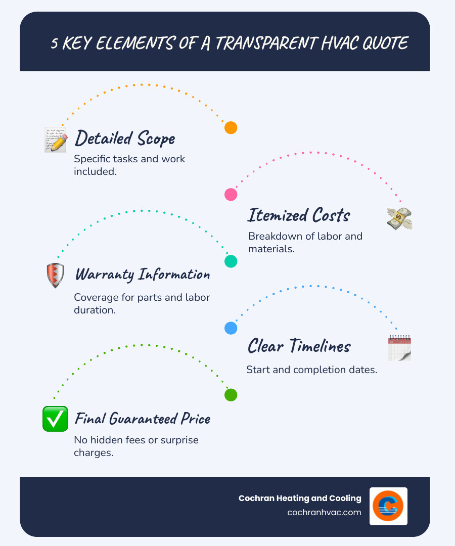 Infographic showing 5 key elements of transparent HVAC pricing: detailed scope of work with specific tasks listed, itemized costs breaking down labor and materials, comprehensive warranty information covering parts and labor duration, clear project timelines with start and completion dates, and final guaranteed price with no hidden fees - transparent hvac pricing jeannette pa infographic infographic-line-5-steps-blues-accent_colors