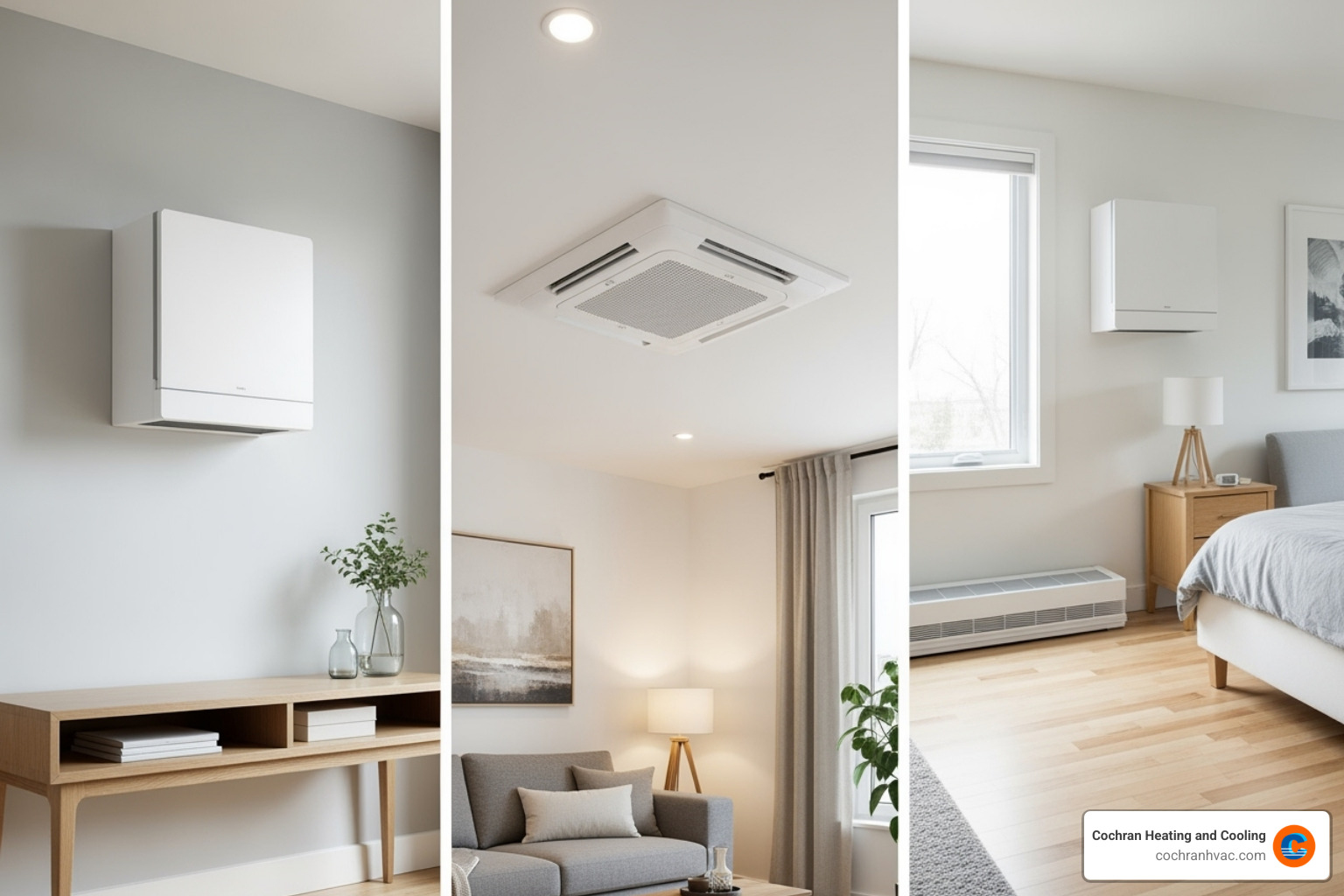 collage showing different indoor unit styles: wall-mounted, ceiling cassette, and floor-mounted - affordable mini-split installation westmoreland county collage showing different indoor unit styles: wall-mounted, ceiling cassette, and floor-mounted - affordable mini-split installation westmoreland county