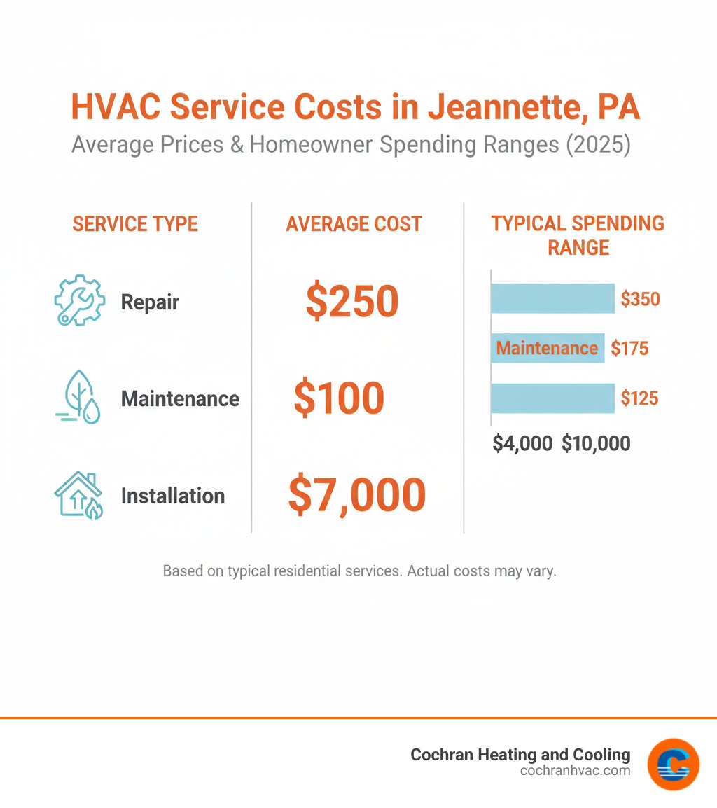 A table comparing the average costs for HVAC repair, maintenance, and installation services in Jeannette, PA, showing the average price and the typical spending range for homeowners - residential hvac services jeannette pa infographic 