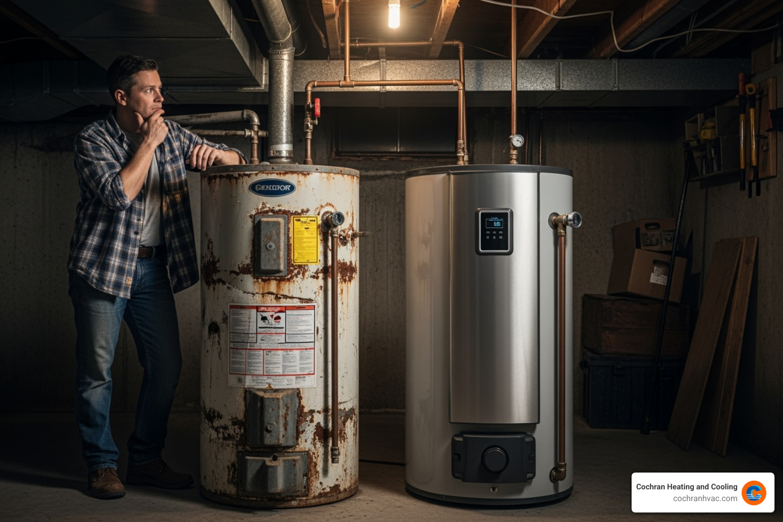 homeowner looking at an old, rusty water heater next to a new, efficient one - water heater repair jeannette pa