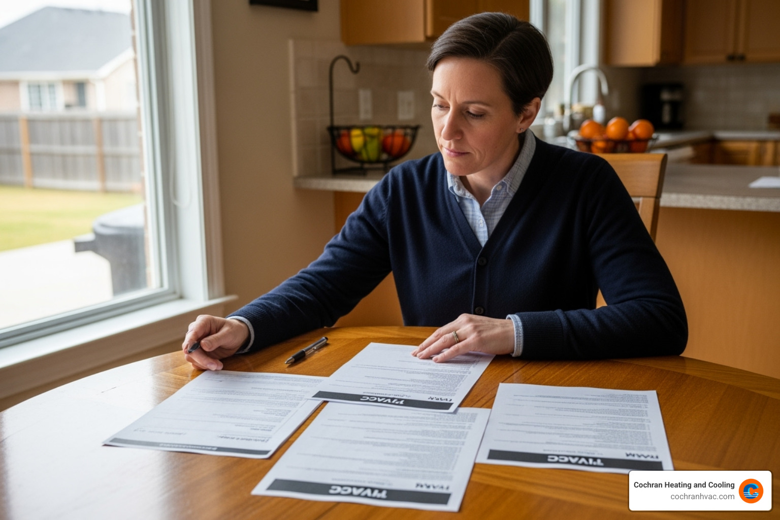 Homeowner reviewing multiple written HVAC quotes - transparent hvac pricing jeannette pa