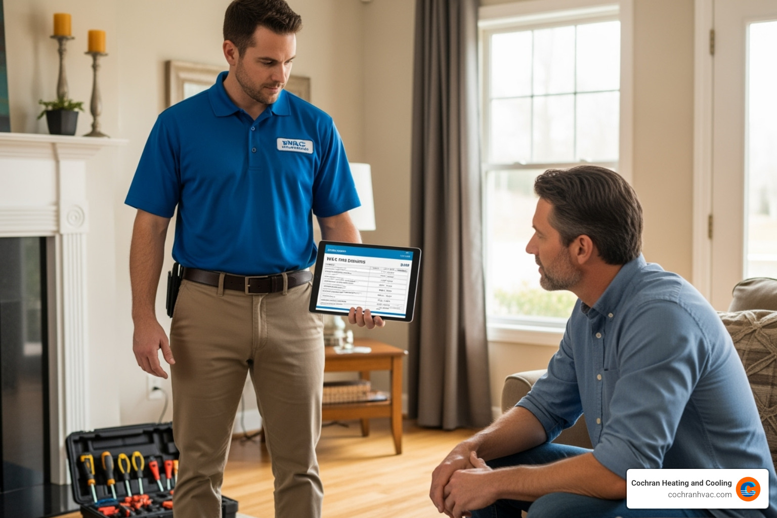 Technician using a tablet to show a homeowner an estimate - affordable mini-split installation westmoreland county Technician using a tablet to show a homeowner an estimate - affordable mini-split installation westmoreland county