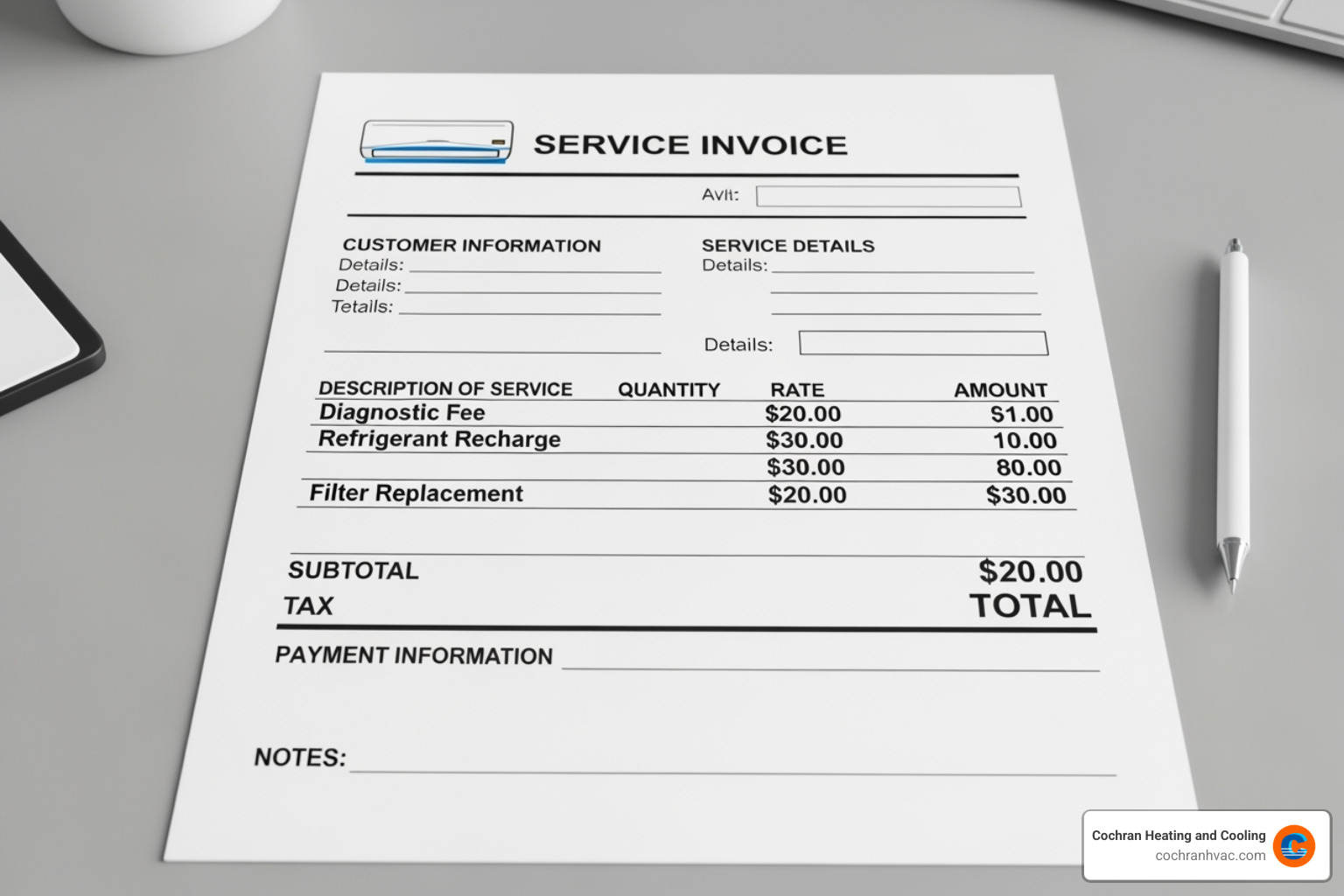 Clear HVAC invoice example - transparent hvac pricing jeannette pa