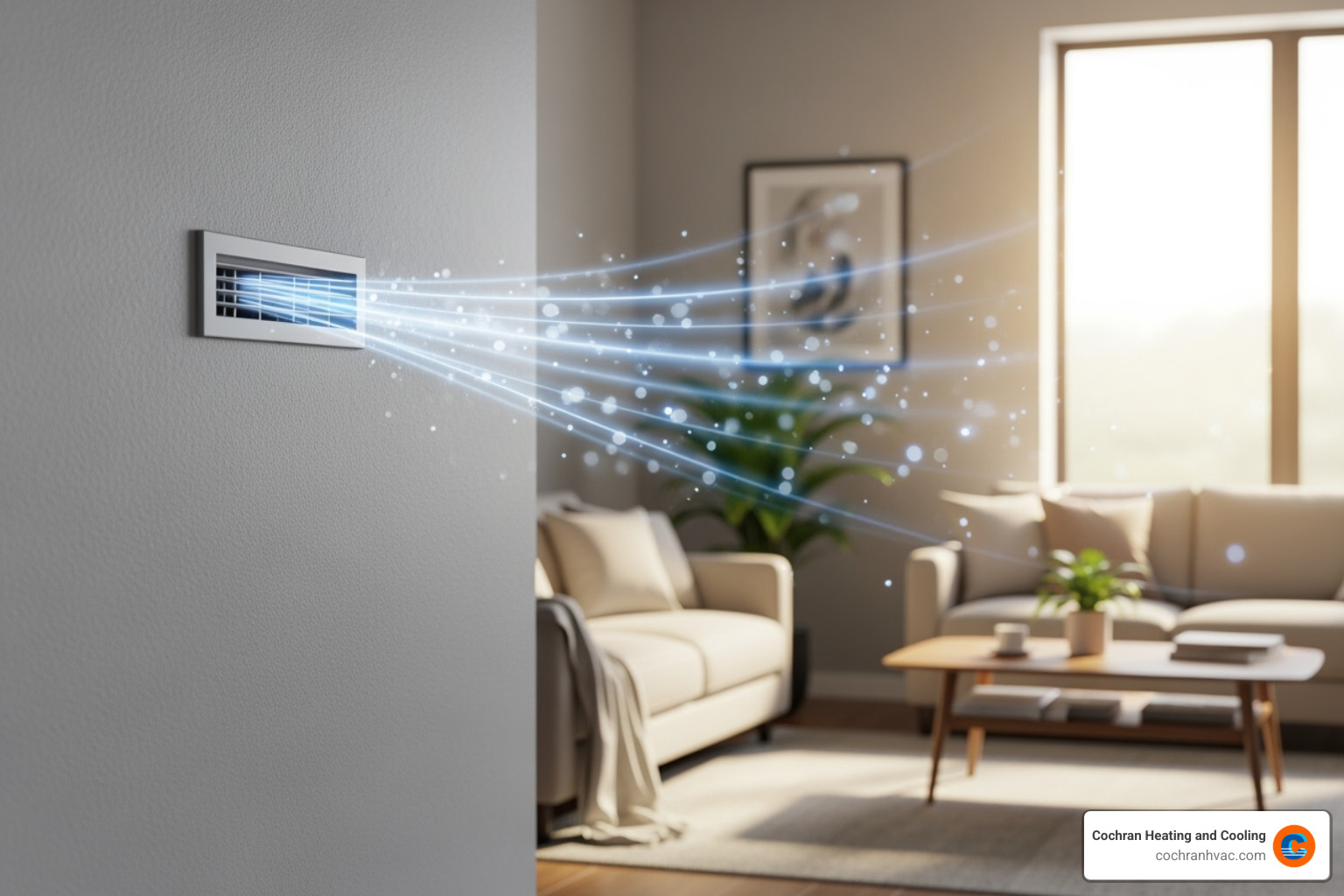 Clean, purified air flowing through a home vent, illustrating the positive impact of improved indoor air quality on a residential living space - residential hvac services jeannette pa