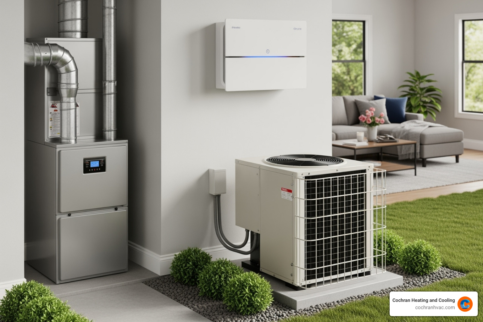 An image showing different types of residential HVAC units, including a modern gas furnace, an outdoor heat pump condenser, and a sleek indoor ductless mini-split unit, all designed for home comfort - residential hvac services jeannette pa