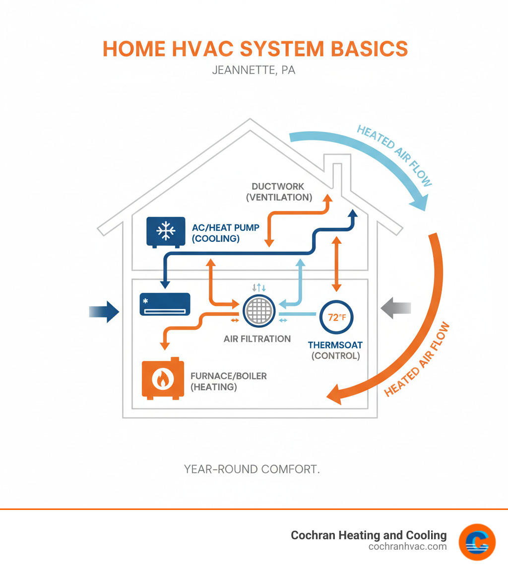 Comprehensive infographic showing the basic functions of a home HVAC system including heating components like furnaces and boilers, cooling elements like air conditioners and heat pumps, ventilation through ductwork, air filtration systems, and thermostats for temperature control, with arrows showing airflow throughout a typical Jeannette home - residential hvac services jeannette pa infographic 