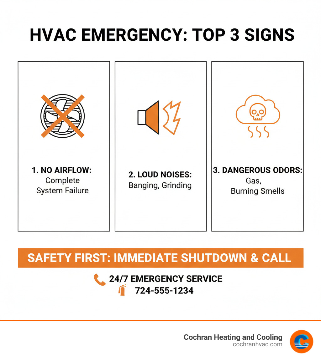 Infographic showing the top 3 signs of an HVAC emergency: Complete system failure with no air flow, loud unusual noises like banging or grinding sounds, and dangerous odors including gas or burning smells, with safety icons and emergency contact information - emergency hvac repair jeannette pa infographic 