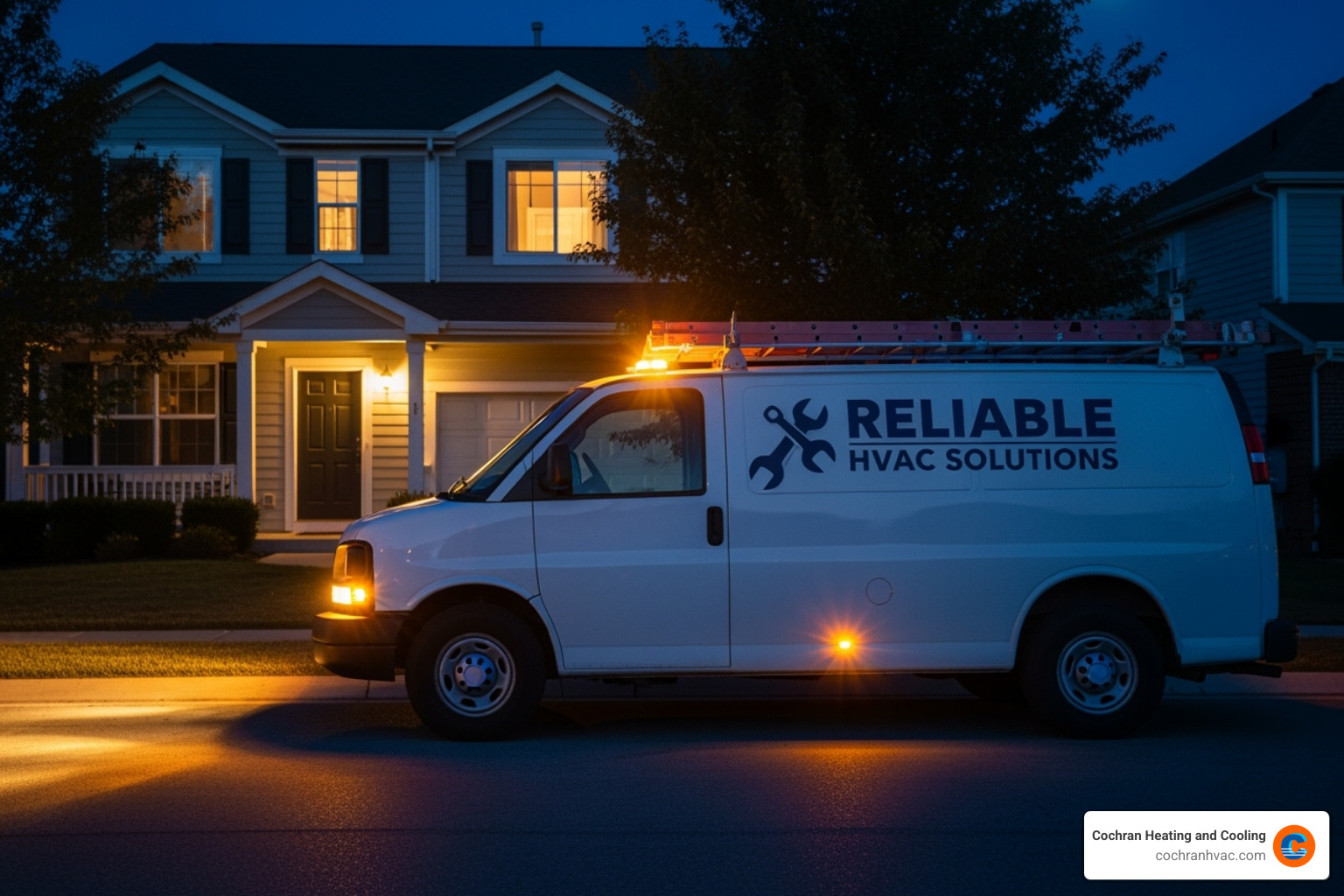 A professional HVAC technician's van parked outside a house at night, indicating 24/7 emergency service - emergency hvac repair jeannette pa