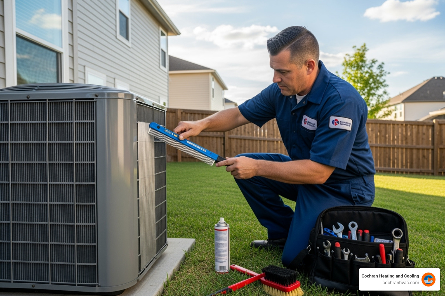 A technician performing routine maintenance on an outdoor air conditioner unit, cleaning fins and checking components - emergency hvac repair jeannette pa