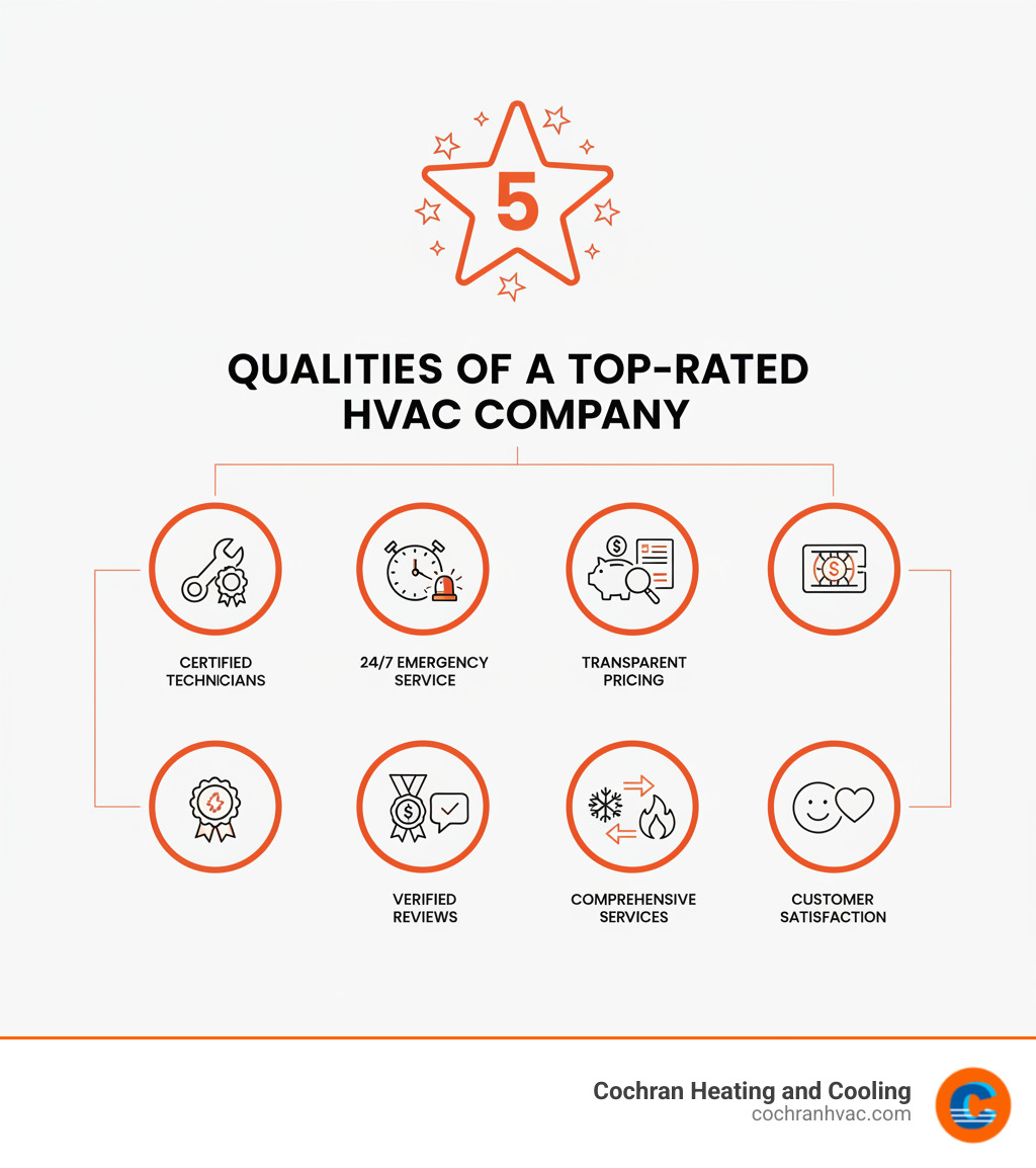 Infographic showing key qualities of a 5-star HVAC company: professional certified technicians, 24/7 emergency service availability, transparent pricing with free estimates, proven track record with verified customer reviews, comprehensive services including installation and repair, and commitment to customer satisfaction - hvac with 5.0 rating jeannette pa infographic 