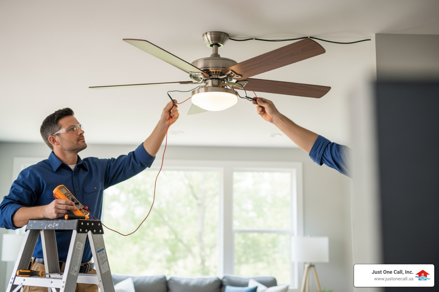 Electrician troubleshooting a wobbly ceiling fan, checking connections and mounting bracket - ceiling fan wiring los angeles