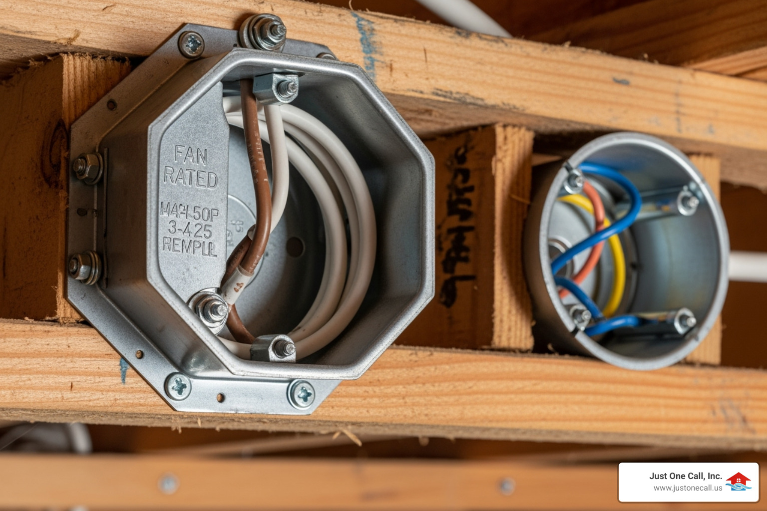 Fan-rated electrical box securely installed in a ceiling, with wiring visible, next to a standard light fixture box for comparison - ceiling fan wiring los angeles