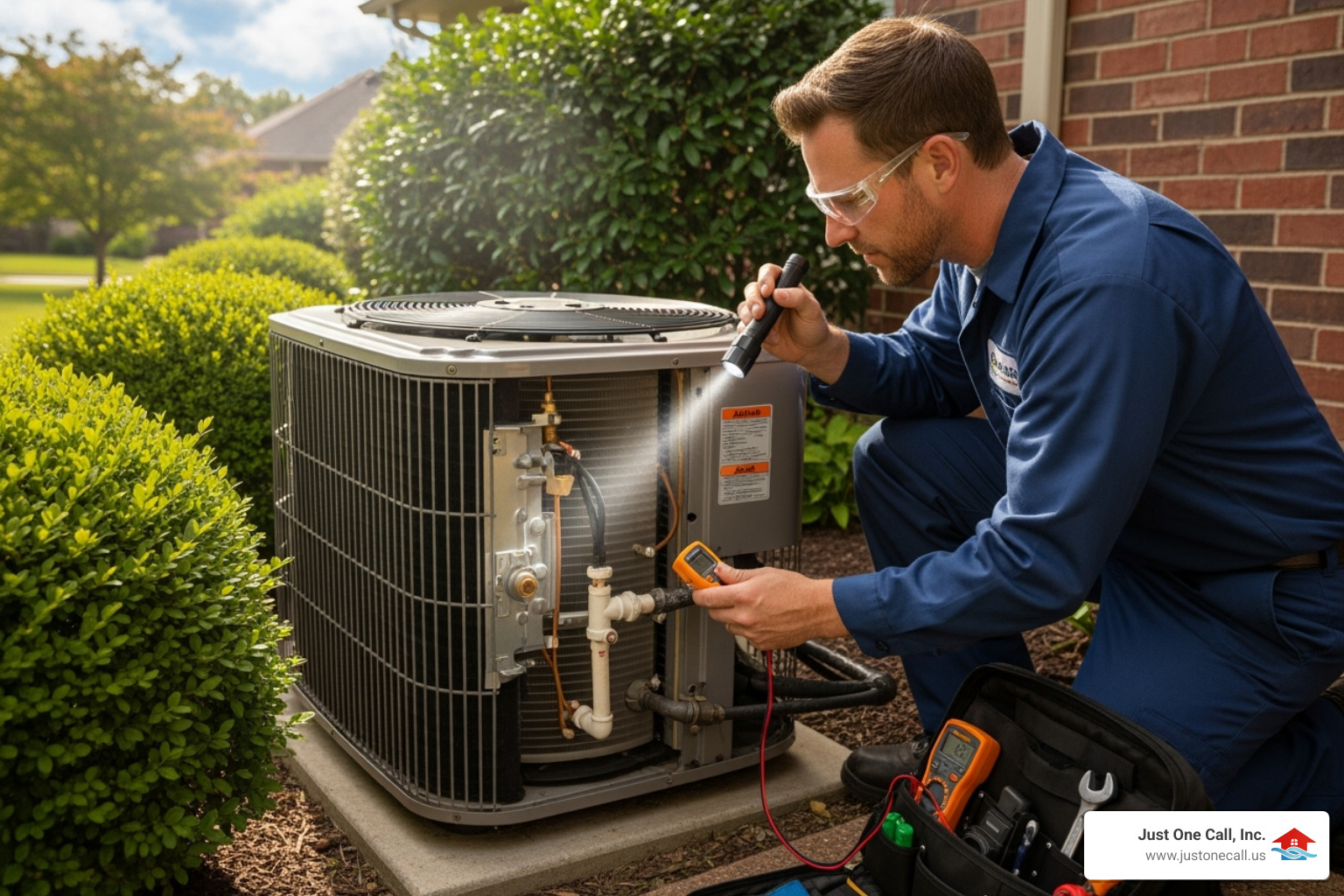 technician performing detailed inspection on outdoor AC unit - hvac maintenance plan glendale ca