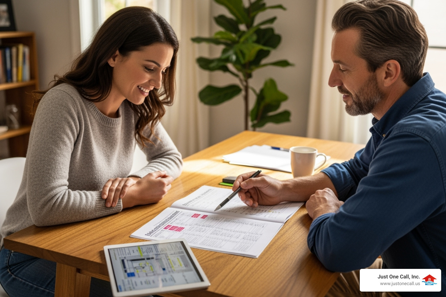 homeowner reviewing inspection report with electrician - electrical inspection pasadena