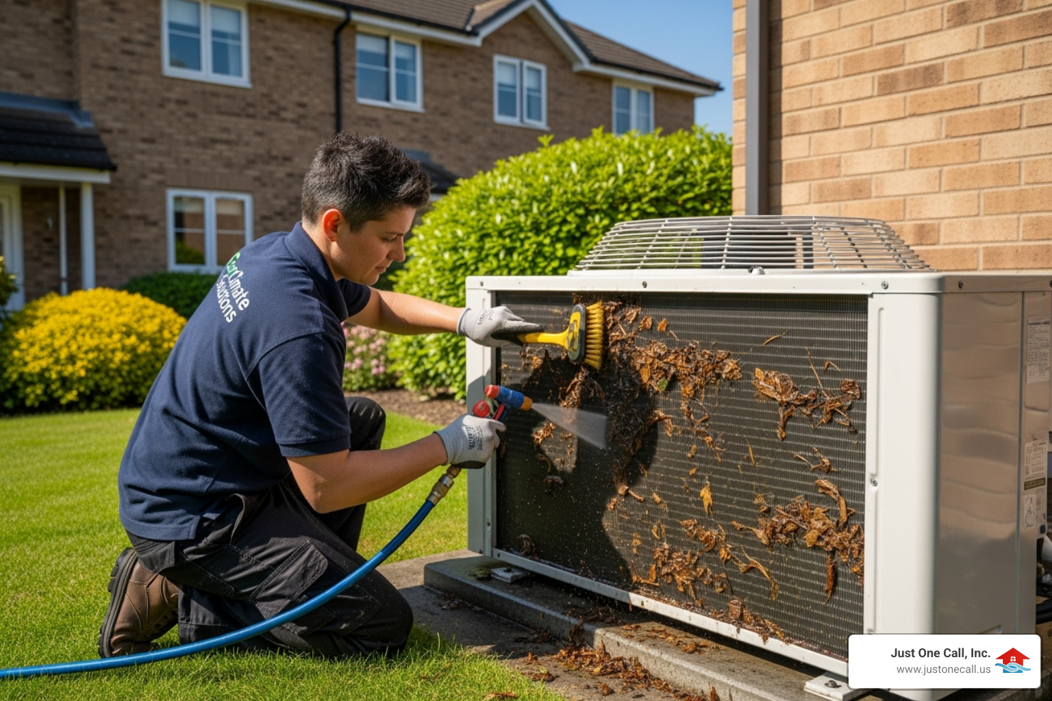 A technician carefully cleaning the outdoor unit of an air-source heat pump, removing debris and grime from the coils. - heat pump maintenance los angeles