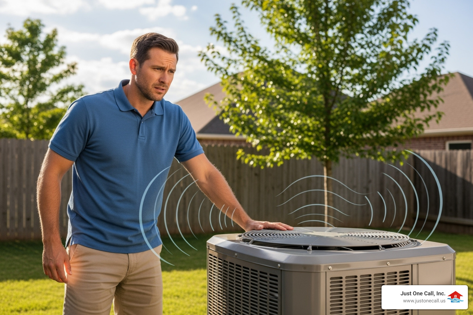 A homeowner looking concerned at a noisy outdoor HVAC unit, with sound waves emanating from it, suggesting a problem. - heat pump maintenance los angeles