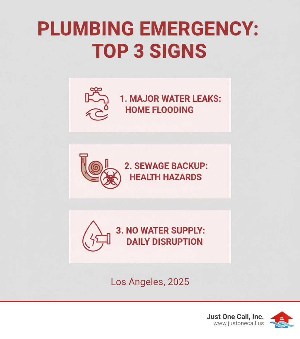 Infographic showing the top 3 signs of a plumbing emergency: major water leaks flooding your home, sewage backup creating health hazards, and complete loss of water supply affecting daily activities - emergency plumber los angeles infographic 