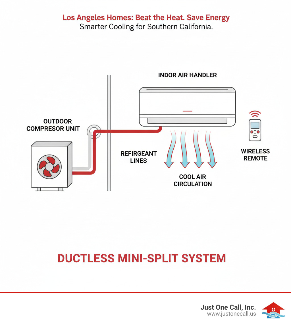Infographic showing ductless mini-split system components: outdoor compressor unit connected via refrigerant lines through small wall opening to indoor air-handling unit, with arrows showing cool air circulation and wireless remote control - ductless air conditioner los angeles infographic 