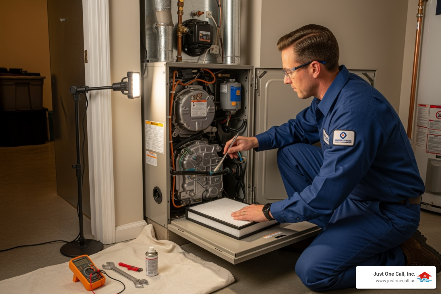 A skilled technician performing a thorough tune-up on a modern furnace, checking components and cleaning filters. - 24 hour heating repair burbank