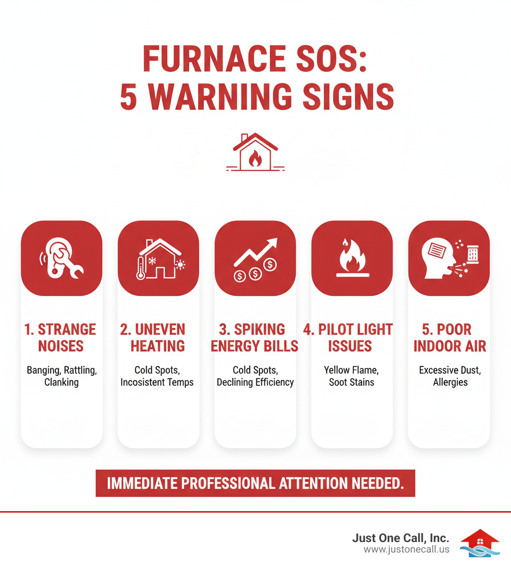 Infographic showing the top 5 warning signs your furnace needs immediate professional attention: strange noises like banging or rattling, uneven heating with cold spots throughout the house, sudden spike in energy bills indicating declining efficiency, yellow or flickering pilot light with soot stains around vents, and worsening indoor air quality with excessive dust circulation - furnace service pasadena infographic 