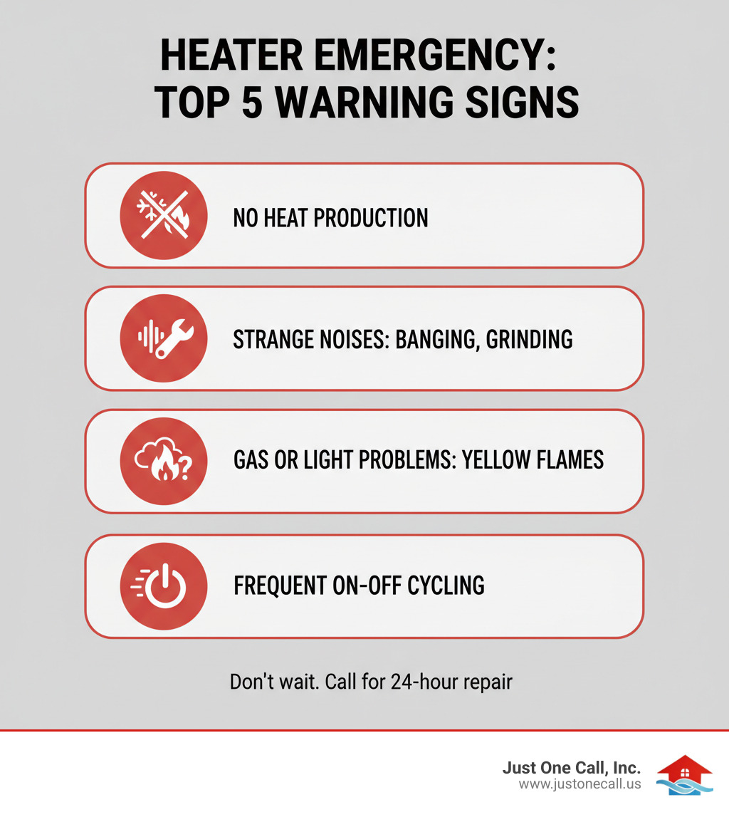 Infographic showing the top 5 warning signs that indicate a heater needs emergency repair: no heat production, strange noises like banging or grinding, gas or burning odors, pilot light problems with yellow flames, and frequent on-off cycling - 24 hour heating repair burbank infographic 