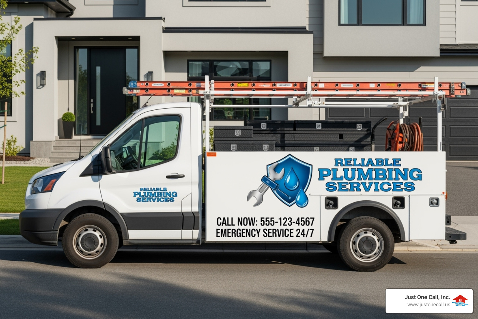 A professional plumber's service truck with a clear, branded logo and contact information, parked outside a modern home - plumbing repair burbank