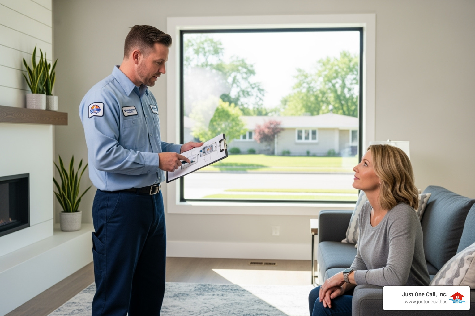 Technician explaining repair to homeowner with clipboard - 24/7 furnace repair pasadena