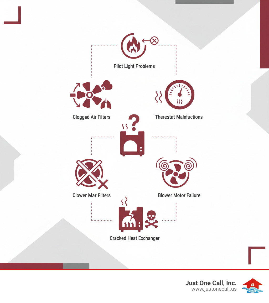 Infographic showing the top 5 reasons furnaces fail in winter: clogged air filters reducing airflow, pilot light problems preventing ignition, thermostat malfunctions causing temperature control issues, blower motor failure stopping air circulation, and cracked heat exchanger creating safety hazards - 24/7 furnace repair pasadena infographic 