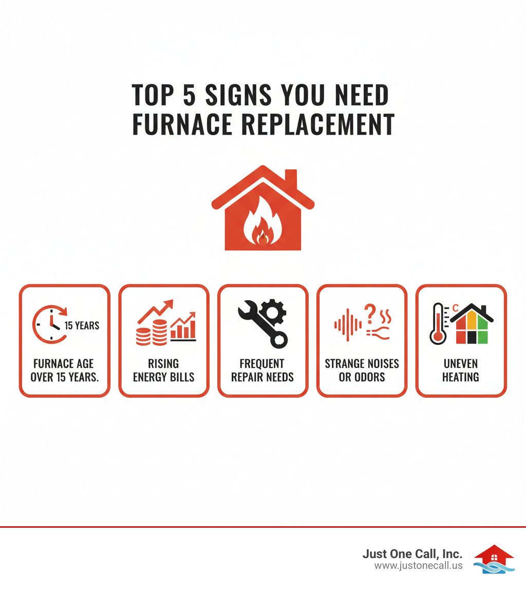 Infographic showing the top 5 signs you need furnace replacement: furnace age over 15 years, rising energy bills, frequent repair needs, strange noises or odors, and uneven heating throughout the home - furnace replacement burbank infographic 