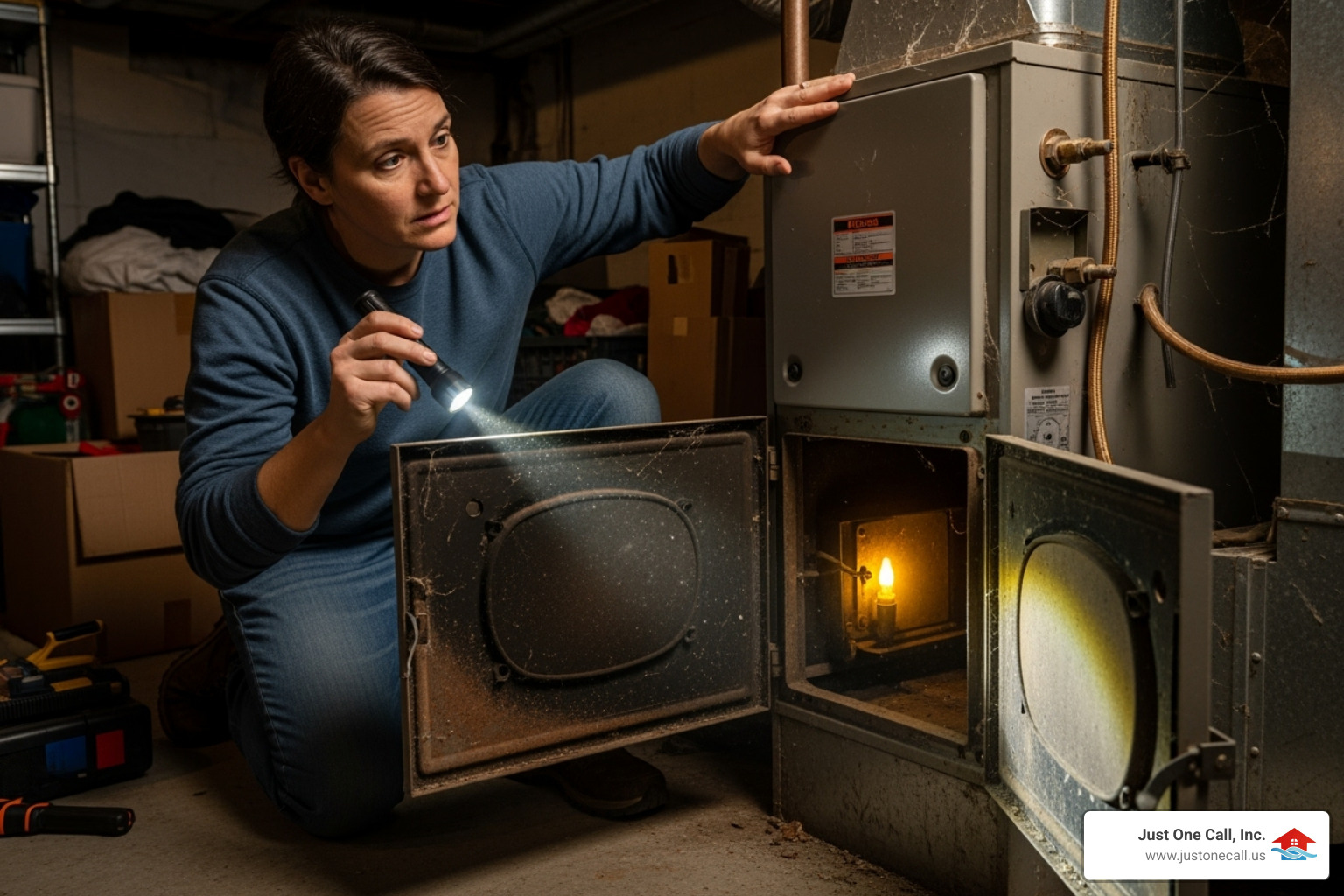 A homeowner looking concerned at an old, dusty furnace, inspecting a yellow pilot light - furnace replacement burbank