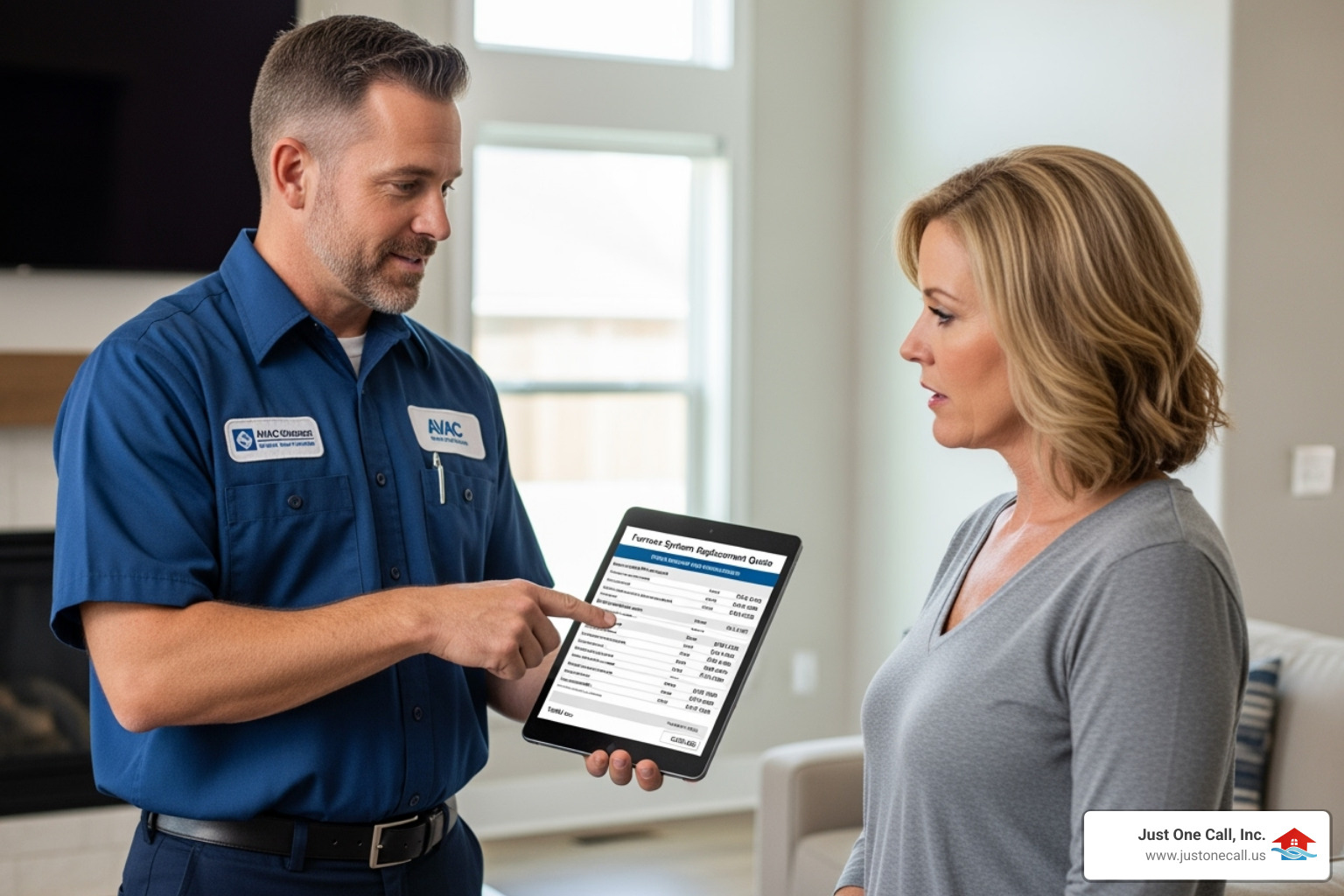 A technician providing a homeowner with a quote on a tablet for a new furnace system - furnace replacement burbank