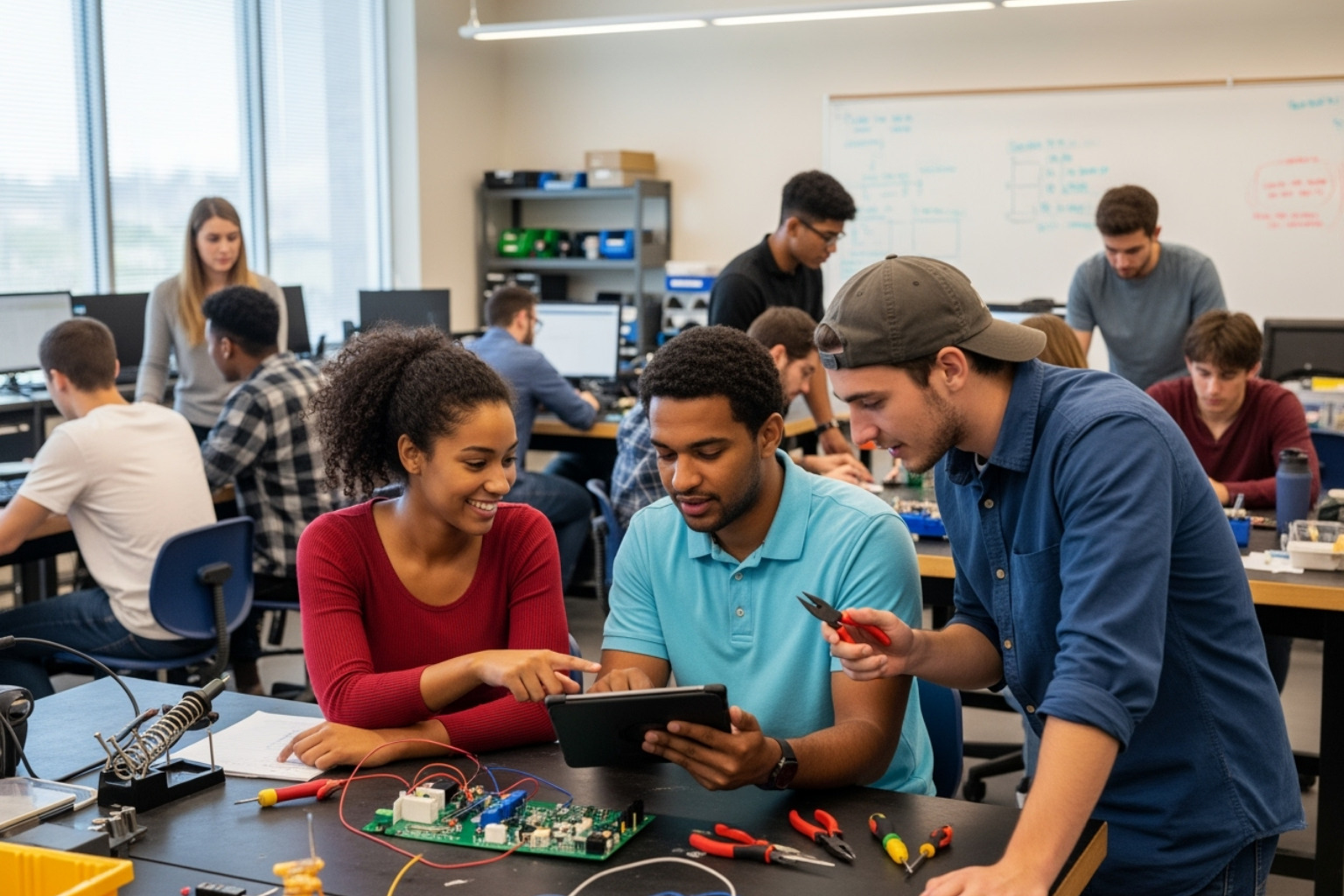 Happy students in a vocational training classroom, working collaboratively - Boost school enrollment Happy students in a vocational training classroom, working collaboratively - Boost school enrollment
