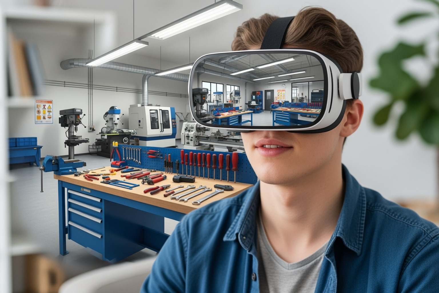 of a student wearing a VR headset, experiencing a virtual tour of a technical workshop. - Enrollment marketing for schools of a student wearing a VR headset, experiencing a virtual tour of a technical workshop. - Enrollment marketing for schools