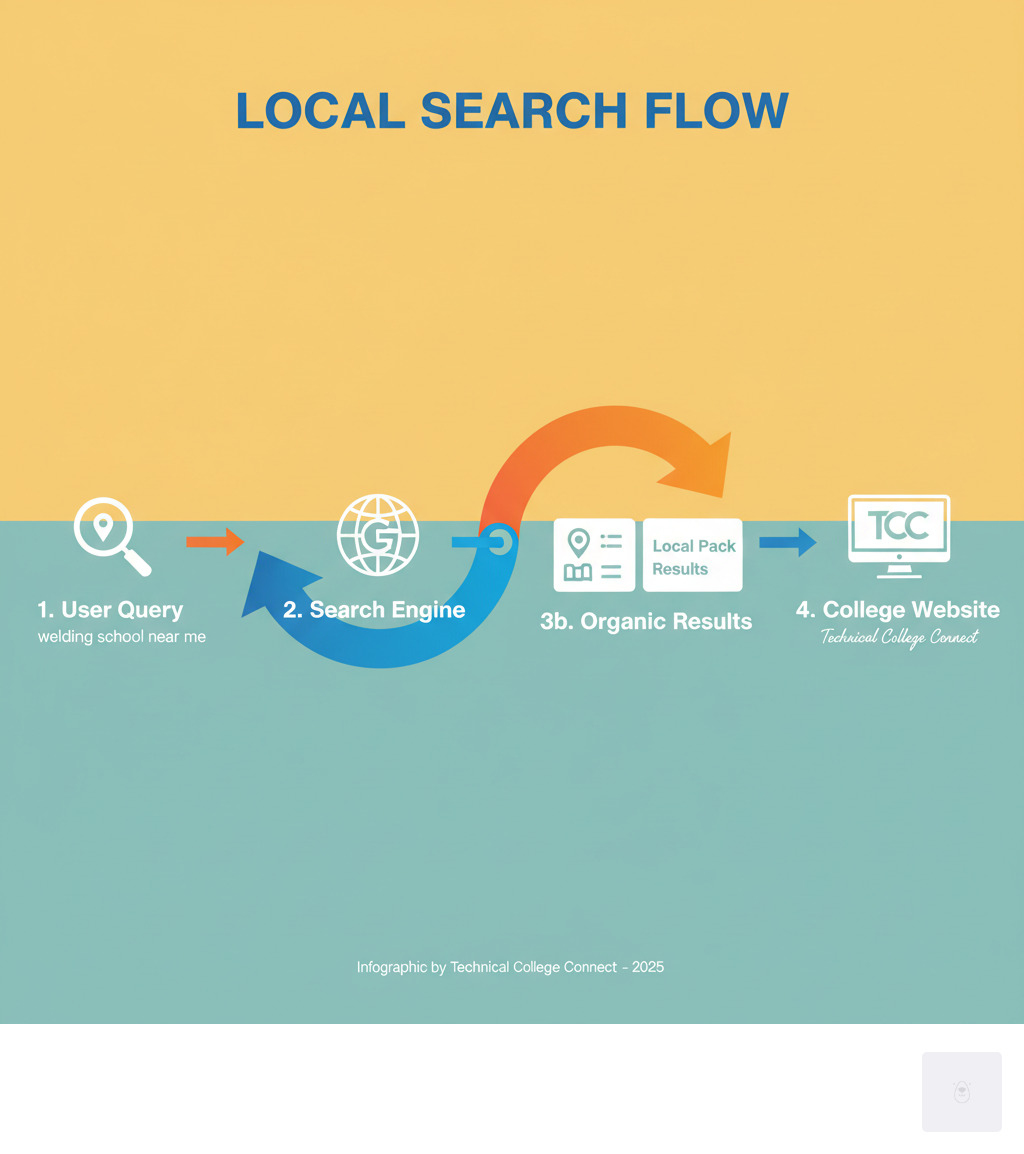 Infographic explaining the flow of a local search: User query -> Search engine -> Local Pack/Organic Results -> College Website. - Local Search Optimization for Technical Colleges infographic 