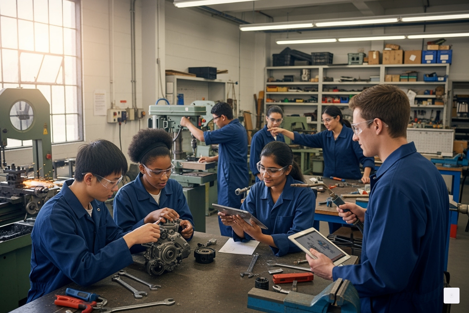 A group of diverse students enthusiastically engaged in a hands-on learning environment at a vocational school - online marketing for schools