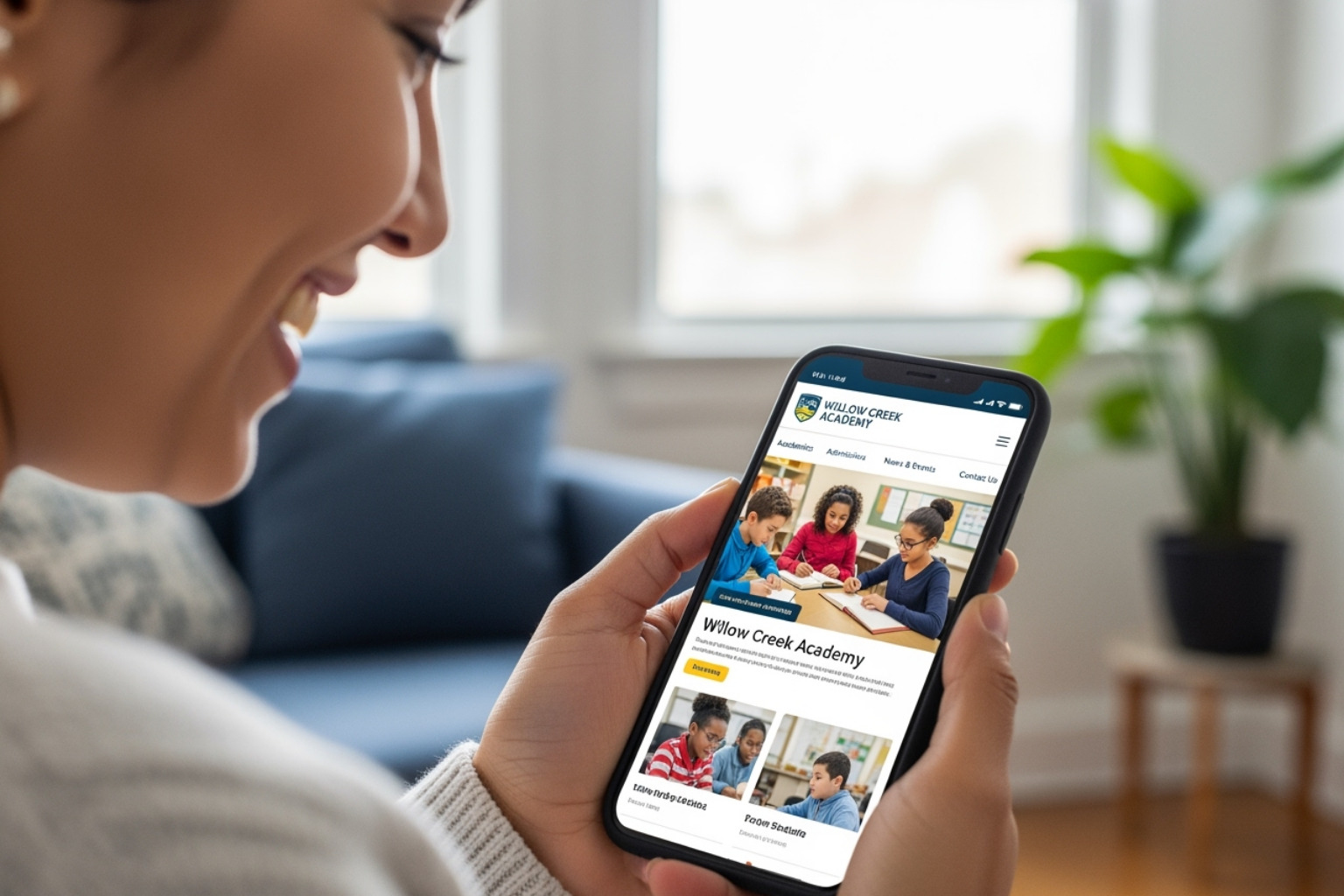 A person happily browsing a mobile-responsive school website on their smartphone - online marketing for schools