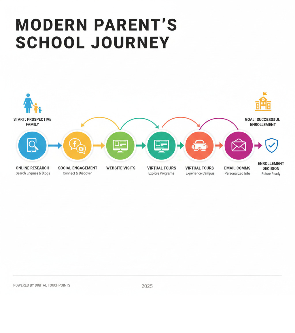 Infographic showing the modern parent's journey from initial online research through social media engagement, website visits, virtual tours, email communications, and final enrollment decision, with key digital touchpoints highlighted at each stage - online marketing for schools infographic 