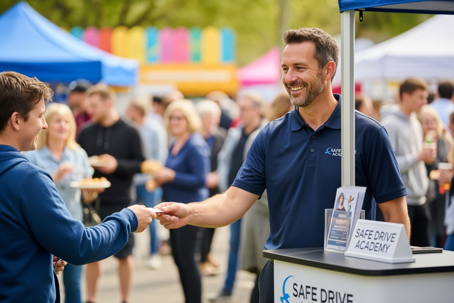 driving school instructor handing out a business card at a local community event - Driving school marketing plan driving school instructor handing out a business card at a local community event - Driving school marketing plan