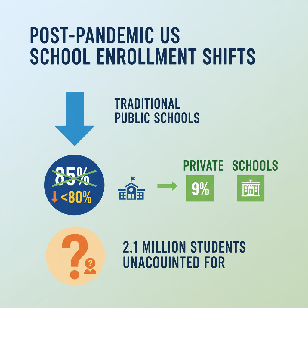 Infographic showing post-pandemic enrollment trends with traditional public school decline from 85% to below 80%, private school enrollment steady at 9%, and 2.1 million students unaccounted for in school systems nationwide - Boost school enrollment infographic  Infographic showing post-pandemic enrollment trends with traditional public school decline from 85% to below 80%, private school enrollment steady at 9%, and 2.1 million students unaccounted for in school systems nationwide - Boost school enrollment infographic