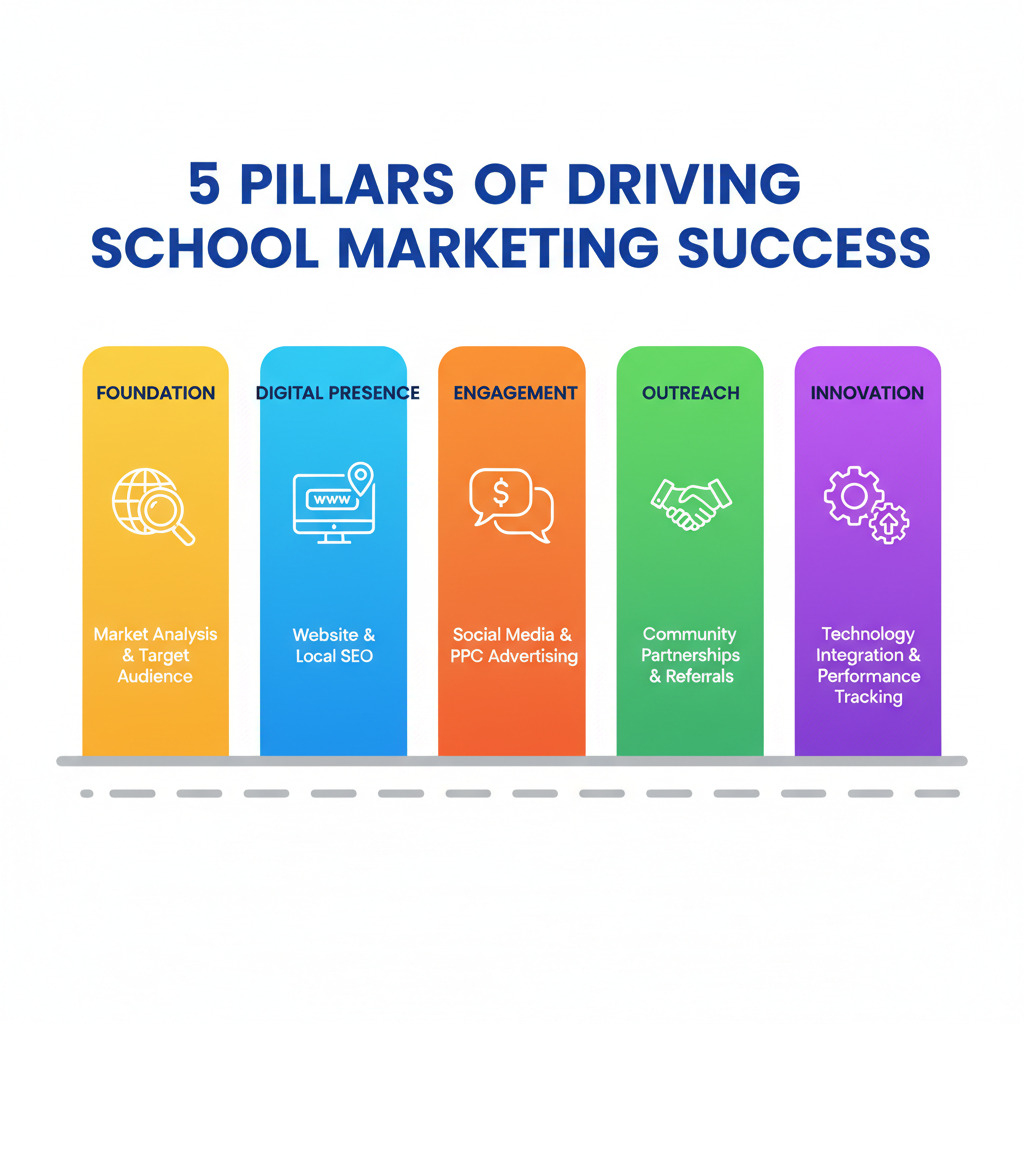 Infographic showing the 5 pillars of successful driving school marketing: Foundation (market analysis and target audience), Digital Presence (website and local SEO), Engagement (social media and PPC advertising), Outreach (community partnerships and referrals), and Innovation (technology integration and performance tracking) - Driving school marketing plan infographic  Infographic showing the 5 pillars of successful driving school marketing: Foundation (market analysis and target audience), Digital Presence (website and local SEO), Engagement (social media and PPC advertising), Outreach (community partnerships and referrals), and Innovation (technology integration and performance tracking) - Driving school marketing plan infographic