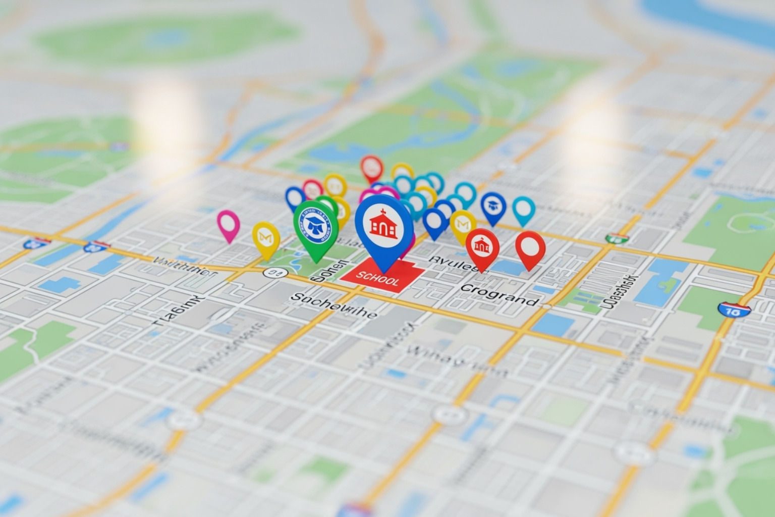 A map highlighting a school's location with several pins representing local search queries for educational programs - online marketing for schools