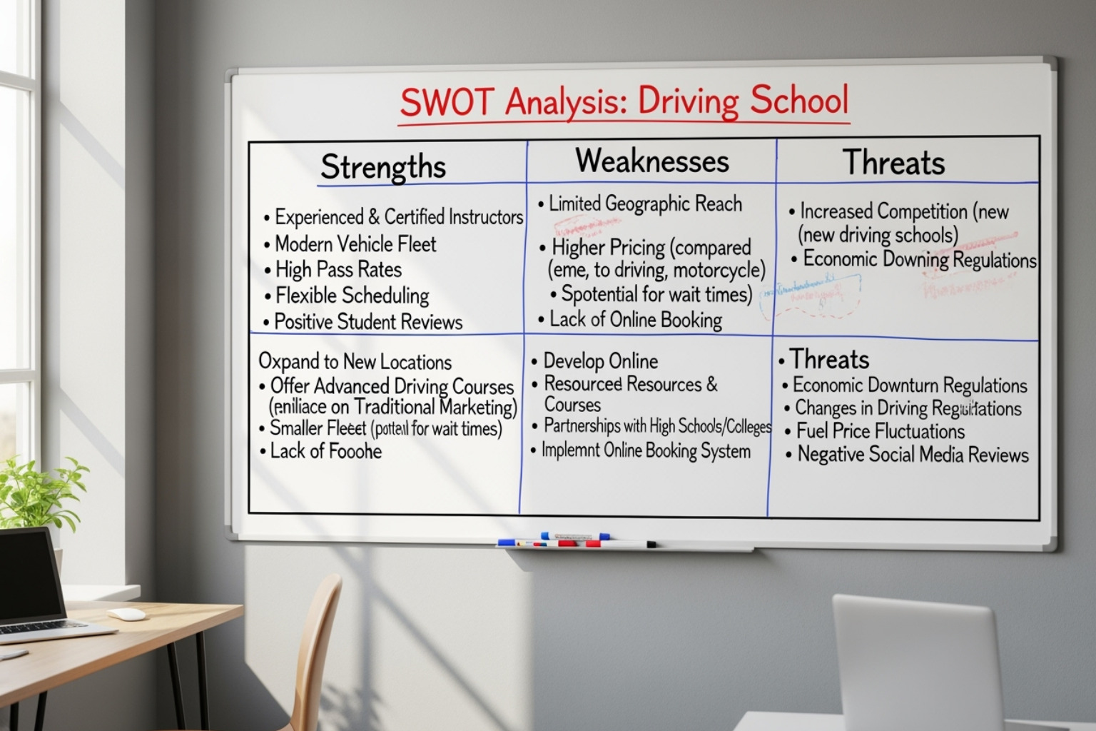 whiteboard with a SWOT analysis for a driving school - Driving school marketing plan whiteboard with a SWOT analysis for a driving school - Driving school marketing plan