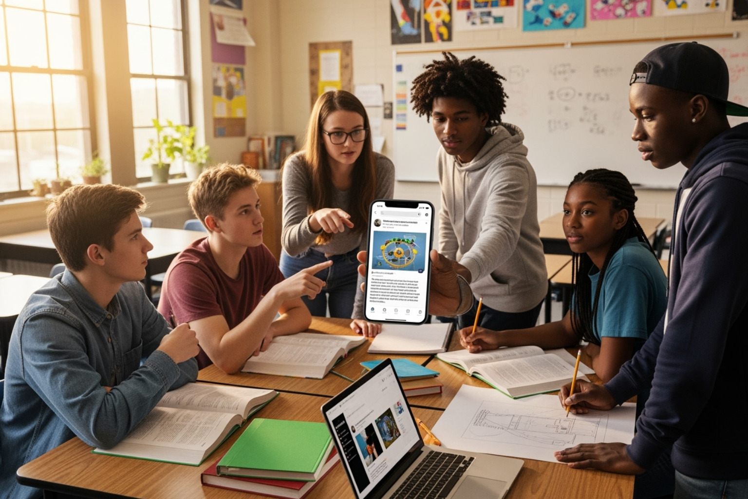 Students collaborating on a project in a school setting, shared on social media - Online marketing for schools